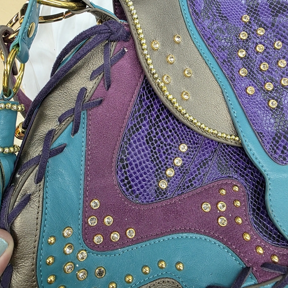 Hot In Hollywood Teal & Purple Studded Fringe Shoulder Bag - Picture 10 of 10